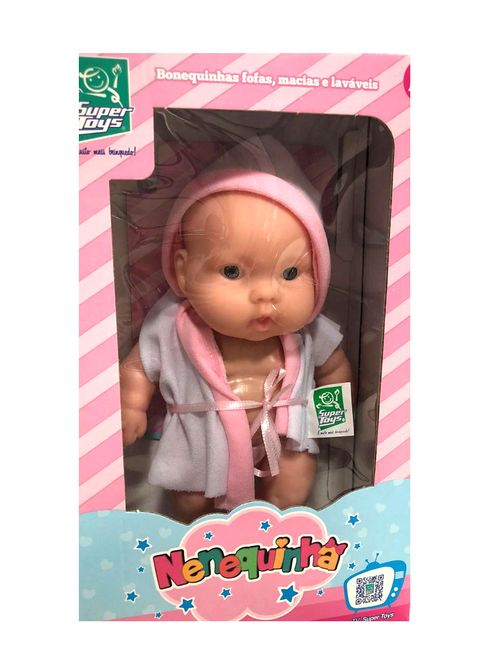 Boneca Nenequinha Roupao Branco com Rosa com capuz SUPER TOYS