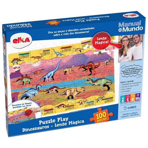 Quebra-Cabeca 100 Pecas - Puzzle Play Dinossauros -Lente Magica - Manual Do Mundo ELKA