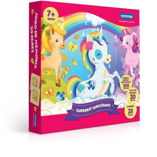 Super Kit Quebra Cabeca Memoria e Domino Unicornio Metalizado TOYSTER