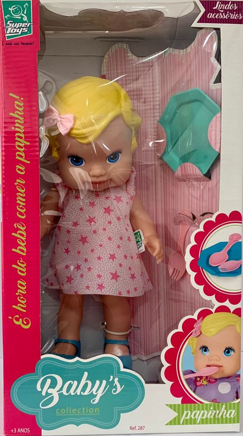 Boneca Babys Collection Papinha - Loira - Vestido Rosa SUPER TOYS
