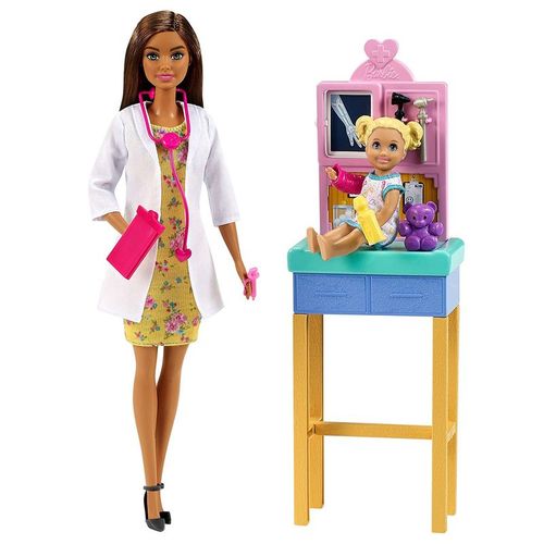 Conjunto e Boneca - Barbie Profissoes - Morena - Doutora Pediatra com Paciente - MATTEL