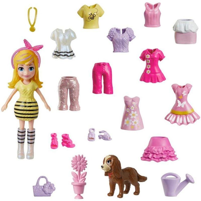 Polly Pocket Boneca Básica Vestido Xadrez Rosa - Mattel - nivalmix