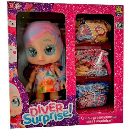 Boneca - Diver Surprise - Dolls Cabelo Azul e Rosa - 8171 - DIVERTOYS