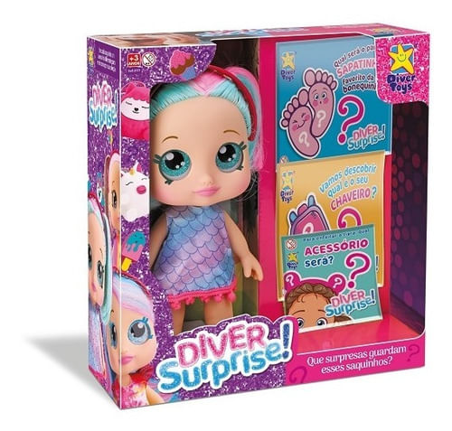 Boneca - Diver Surprise - Dolls Cabelo Verde e Rosa - 8171 - DIVERTOYS