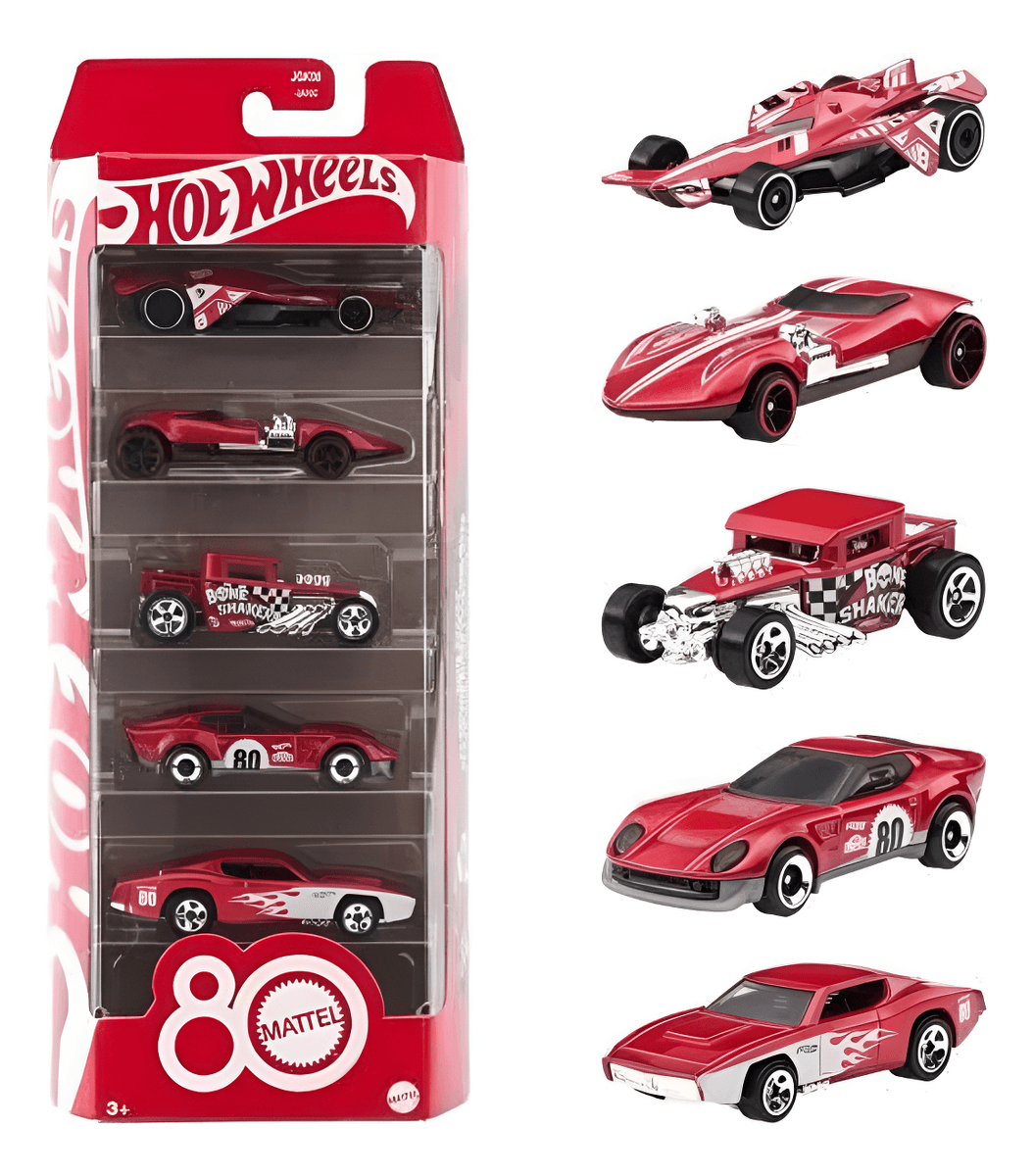 Encontraproduto.com.br - Hot Wheels Diecast Veículo de Brinquedo 80º aniversário da Mattel Pacote 5 carros para crianças a partir de 3 anos