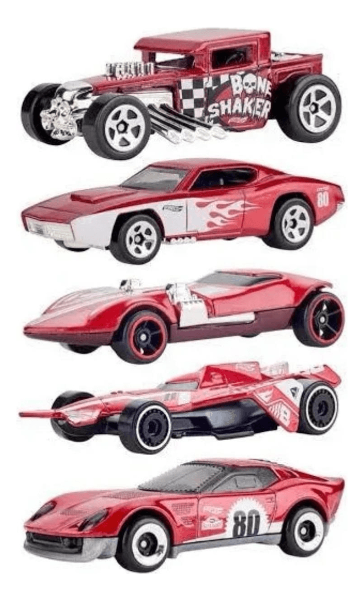 Encontraproduto.com.br - Hot Wheels Diecast Veículo de Brinquedo 80º aniversário da Mattel Pacote 5 carros para crianças a partir de 3 anos